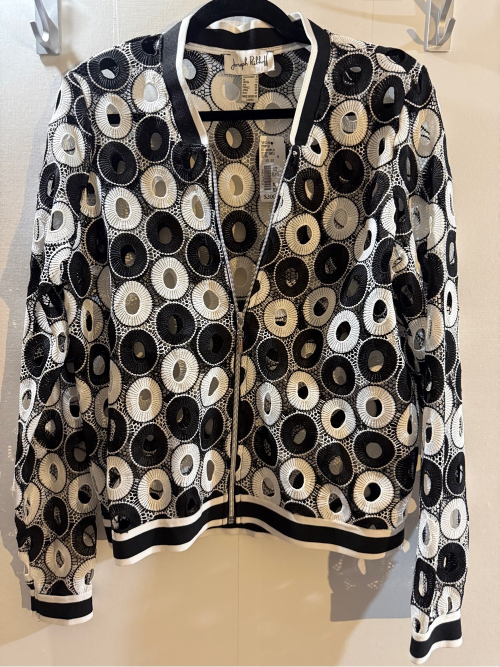 Joseph Ribkoff Size 8 Black White Crochet Lace Bomber Jacket NWT Made Canada